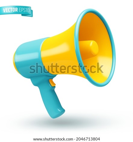Vector realistic illustration of a blue and yellow megaphone on a white background. Royalty-Free Stock Photo #2046713804