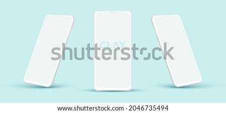 Modern clay smartphone mockup with different angles. Blank screen isolated device on blue background. Mock up for mobile applications or web page designs.
