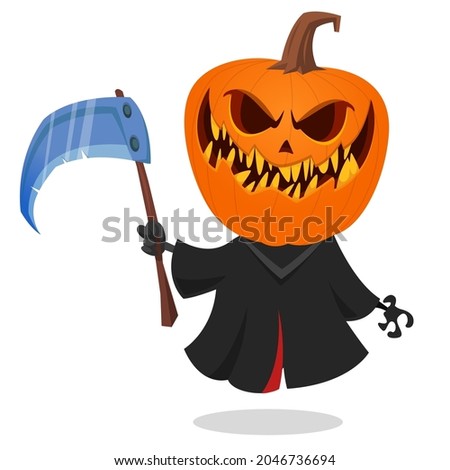 Grim reaper pumpkin head cartoon character with scythe. Halloween jack o lantern illustration design for party invitation or poster. Vector scarecrow isolated
