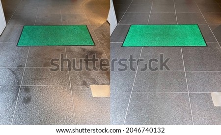 Before and after, removing oil stains and cleaning an entrance floor Royalty-Free Stock Photo #2046740132