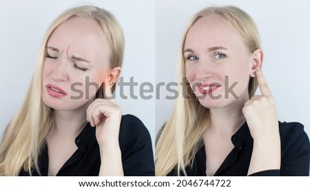 Before and after. On the left, the woman indicates ear pain, and on the right, indicates that the ear no longer hurts. Pain management and professional medical care assistance concept