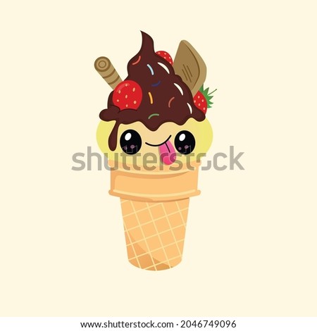 Happy ice cream illustration. Vector Ice cream illustration. Vector cone and vannilla ice cream ball with chocolate . Modern flat vector design.
