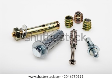 Difference type of steel anchor bolts on white background , Equipment for construction Royalty-Free Stock Photo #2046750191
