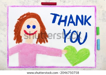 Colorful drawing: Smiling woman holding a heart. THANK YOU card.
