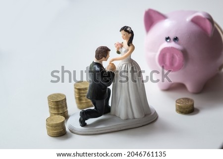 statuette of groom and bride with coins and dollars. Broken Pink pig money box on white background
