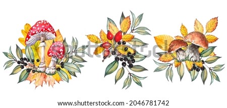 Autumn set with mushrooms, colorful leaves and berries. Watercolor isolated on white backgound.