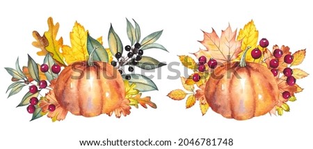 Autumn arrangements with pumpkins, colorful leaves and berries. Watercolor isolated on white background.