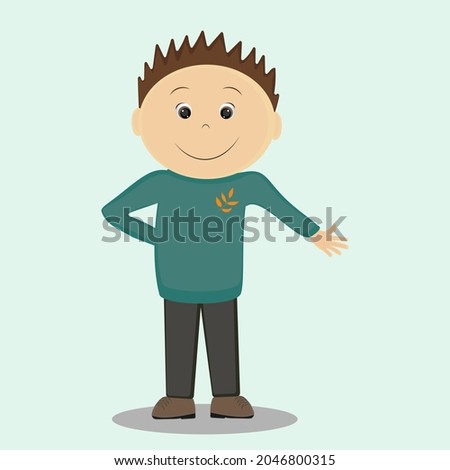 Cheerful boy in a blue sweater holds his right hand behind his back.  Autumn print. Kind smiling boy. Vector illustration. Cartoon character.