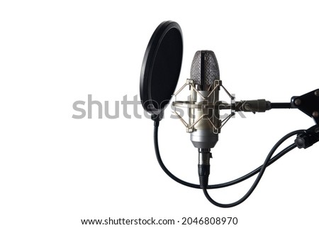 Silver studio condenser microphone with pop up filter, isolated on white background