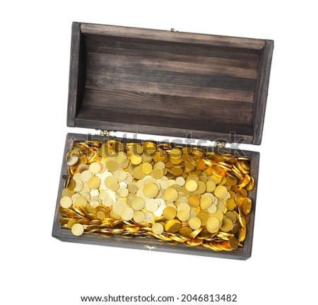 Open treasure chest with gold coins isolated on white, top view