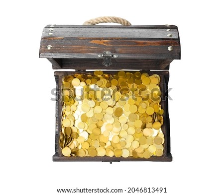 Open treasure chest with gold coins isolated on white, top view
