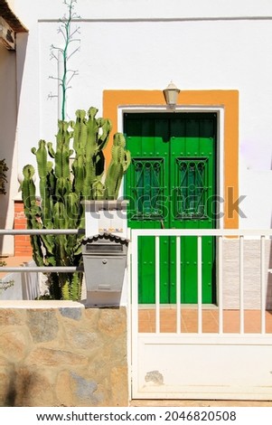 Wooden door painted green with metal details. White fence, mailbox and cactus pots at the door.