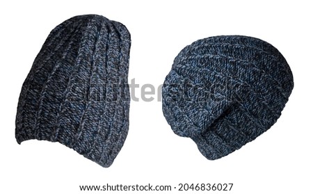 two knitted denim hat isolated on a white background.fashion hat accessory for casual style