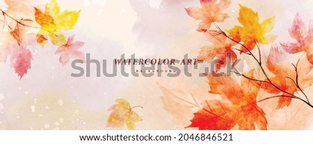 Watercolor abstract background autumn collection with maple and seasonal leaves. Hand-painted watercolor natural art, perfect for your designed header, banner, web, wall, cards, etc. Royalty-Free Stock Photo #2046846521