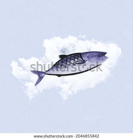 Contemporary art collage of a cloud in shape of fish swimming in a sky isolated over blue background. Concept of inspiration, creativity, dreams, design. Copy space for ad