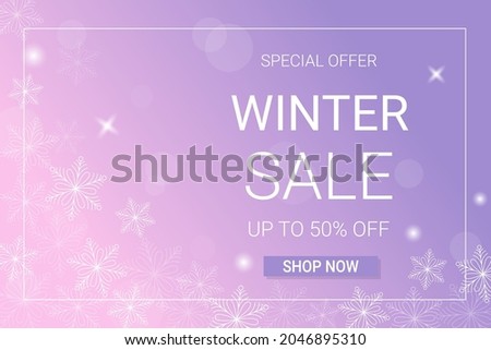 Winter sale horizontal banner template. Discount text on pink and purple gradient background with snowflakes and frame. Vector illustration