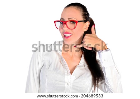 Isolated young business woman call gesture
