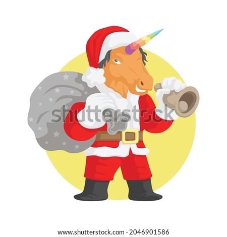 unicorn santa claus with sack of gift and holding a bell vector illustration