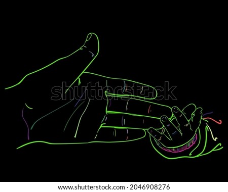 Mother hand touching baby tiny hand Colorful line art sketch on black background, Happy maternity concept of love and family, Hand drawn vector illustration