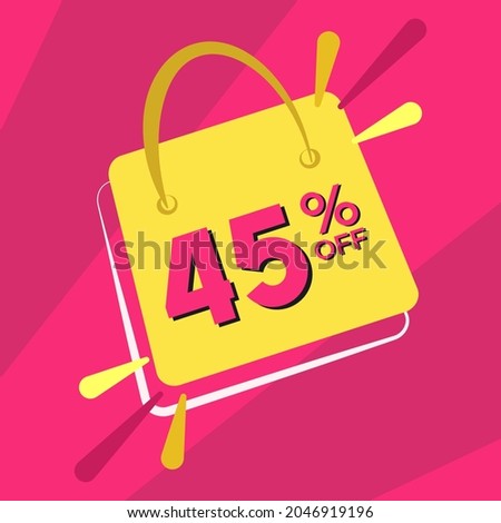 45 percent discount. Pink banner with floating bag for promotions and offers