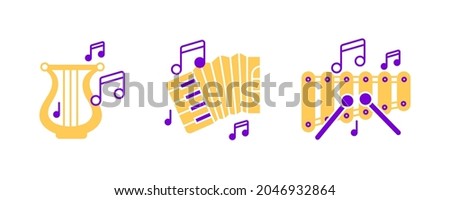 Accordion, Harp instrument, xylophone and musical notes icon set. Entertainment and music icon. String instruments set. Editable row set. Colored icon set.