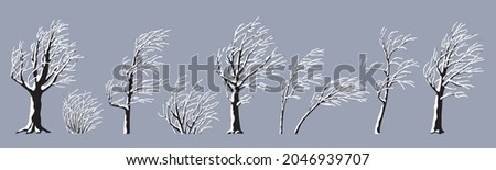 Set of snow covered young and old trees and bushes without leaves isolated on gray. Winter season, hoarfrost plants. Monochrome simple tree and shrub under the snow vector flat illustration. Royalty-Free Stock Photo #2046939707