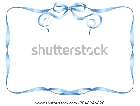 Frame of blue ribbons and bow.Watercolor hand painted illustrations isolated on white background.