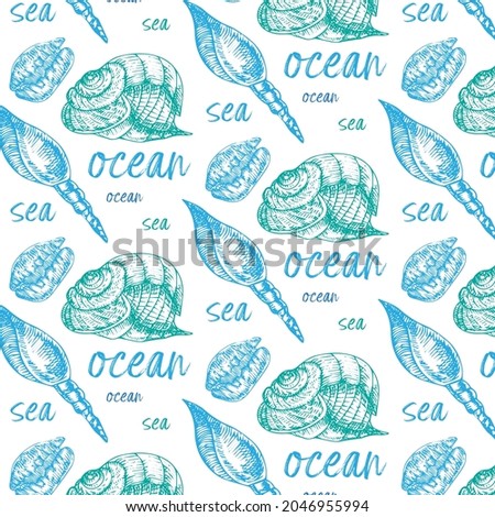 Seamless pattern with blue line sea shells isolated on white background. Cute marine vector illustration.