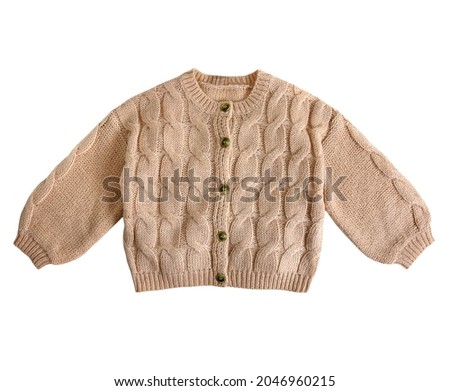 Baby boy knitted cardigan, child's brown knitted sweater isolated. Knitwear. Royalty-Free Stock Photo #2046960215