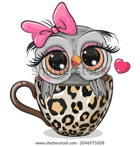 Cute Cartoon owl with a bow is sitting in a Cup 