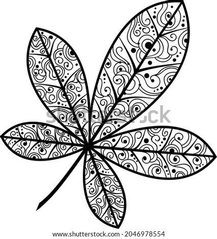 Black and white illustration of a chestnut leaf. Autumn illustration.An idea for a logo,fashion illustrations, magazines, printing on clothes, advertising,coloring books, a tattoo sketch or a mehendi.