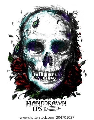 Watercolor skull with flowers - vector illustration.
