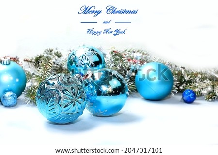Christmas background and new year 2022 concept, beautiful holiday decorations on white background with greeting text, postcard, winter banner for screen with place for text, selective focus