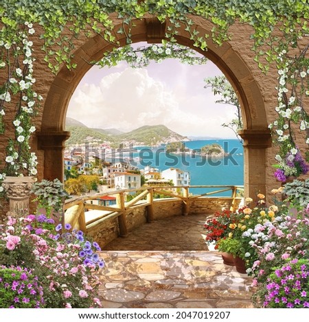 View through the arch with flowers to the sea Royalty-Free Stock Photo #2047019207