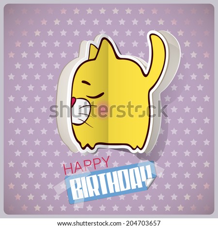 Birthday greeting card with cartoon kitty character cut out from paper. Vector collection.