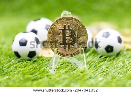 Bitcoin with soccer ball is on green grass