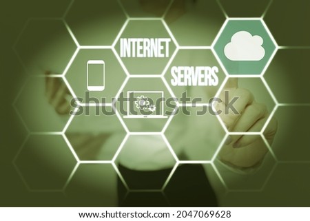 Conceptual caption Internet Servers. Conceptual photo delivers the content of the page back to the user Lady Holding Tablet Pressing On Virtual Button Showing Futuristic Tech.