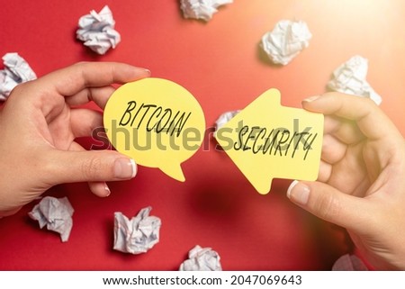 Text caption presenting Bitcoin Security. Word Written on funds are locked in a public key cryptography system Brainstorming Problems And Solutions Asking Relevant Questions