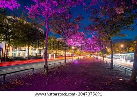 Silbury boulevard illuminated at night in Milton Keynes. England Royalty-Free Stock Photo #2047075691