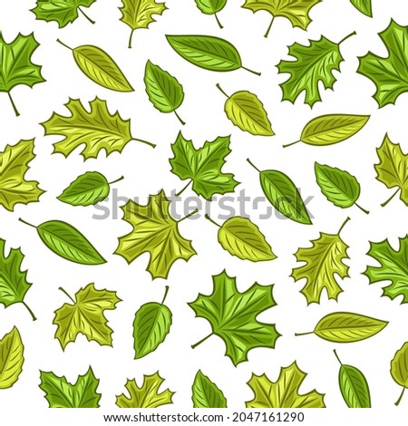Vector Leaves Seamless Pattern, square repeating background for seasonal interior, poster with set of cut out illustrations of green various falling leaves with stem on white background.