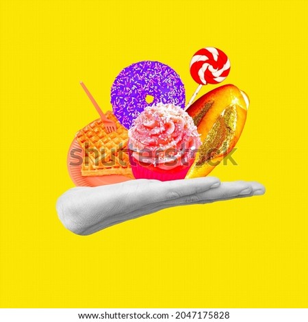 Contemporary minimal art collage. Hand and much unhealthy food. Calories, diet, sweet, junk food concept