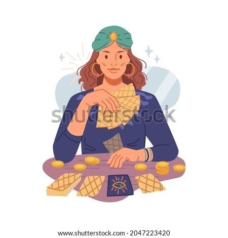 Fortune teller woman guessing on psychic tarot cards isolated flat cartoon character. Vector gypsy lady reading future, fairy with card. Mystery girl fortuneteller, astrology and destiny foresight Royalty-Free Stock Photo #2047223420