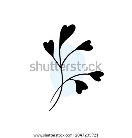 Branch with an abstract round spot. Artistic floral minimalist print. Isolated black silhouette of a plant with pastel drops. Modern watercolor shapes with leaves, acrylic ink blobs. Vector element.