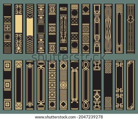 Extensive collection of Book spine design template. Retro Old frames. Art Deco Brochure design. Geometric pattern. Vector illustration.
