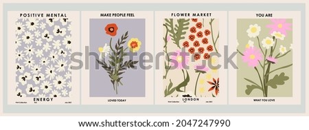 Botanical poster set flowers and branches. Modern style, pastel colors Royalty-Free Stock Photo #2047247990