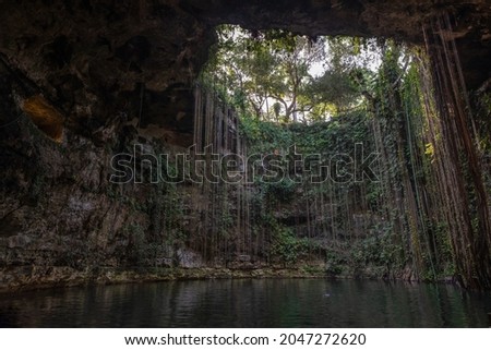 view up from the cenote Ik Kil without people in the water
