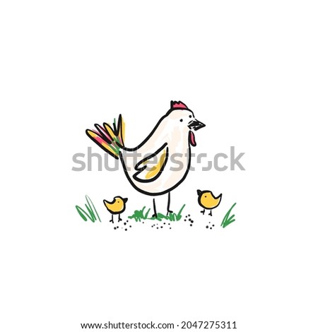 Cute sketch hand drawn color hen with chickens