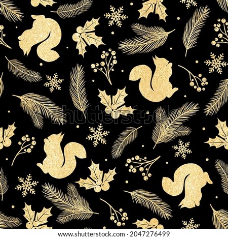 Seamless Christmas pattern squirrel, spruce branches, holly berries, snowflakes on a black background, gold texture. New Year's holidays, Christmas decor.