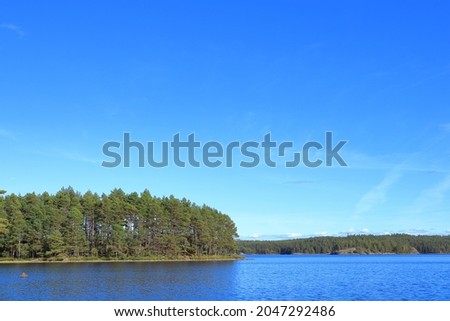 Tiveden National Park. Nice landscape view over a lake and mosty pine trees in the forest. Beautiful day outside. Clear weather. Freedom. Copy space for extra text.  Sweden, Scandinavia, Europe. Royalty-Free Stock Photo #2047292486