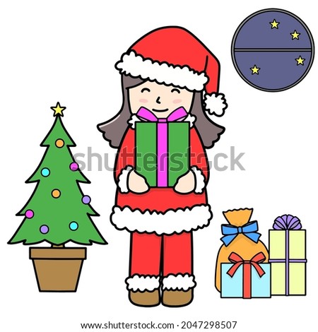 Clip art of a smiling girl holding a Christmas present